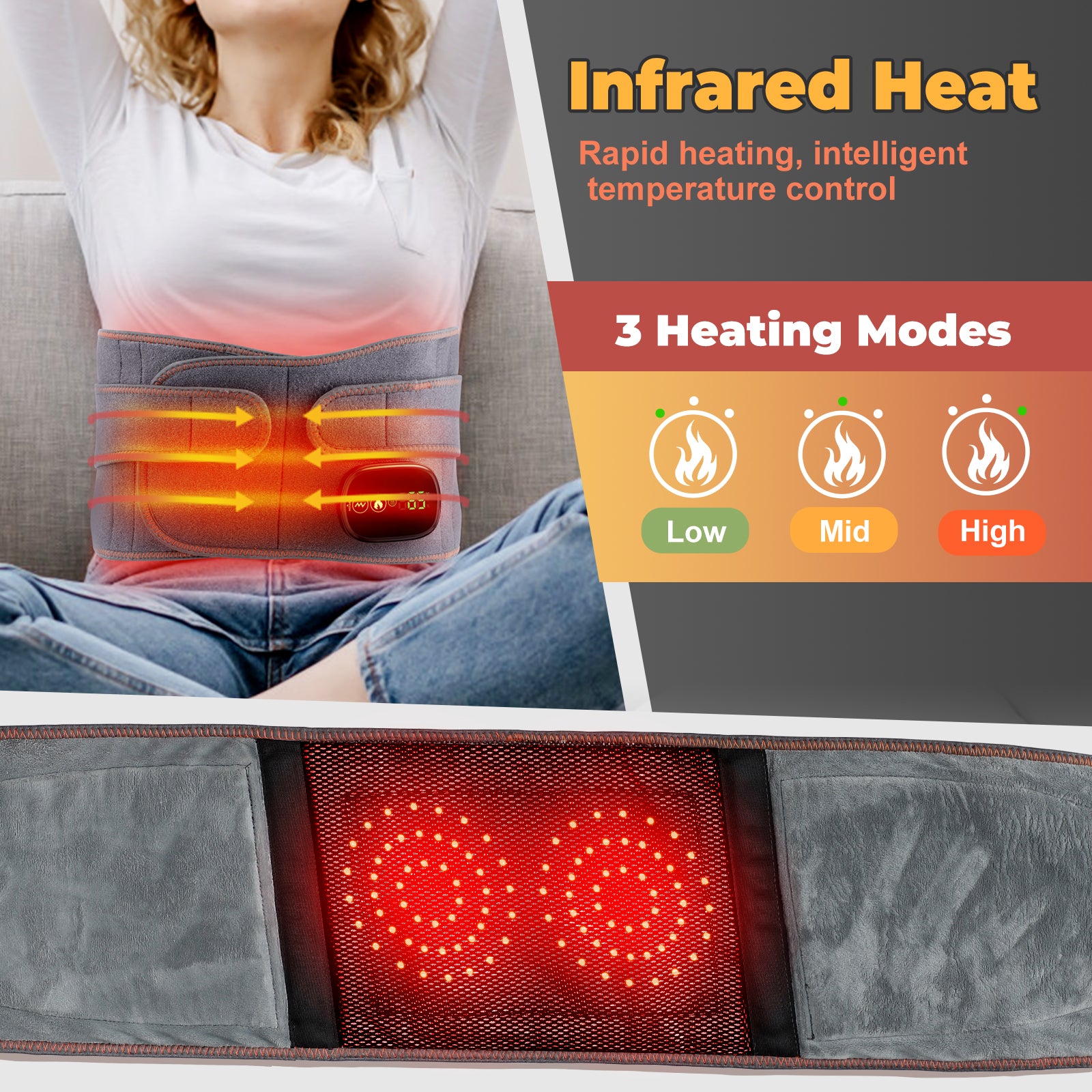 Flaremore Cordless Heating Pad with Massager for Back,Portable Lower Back Massager Red Light Waist Belt 5000Mah 46*8 in Gray
